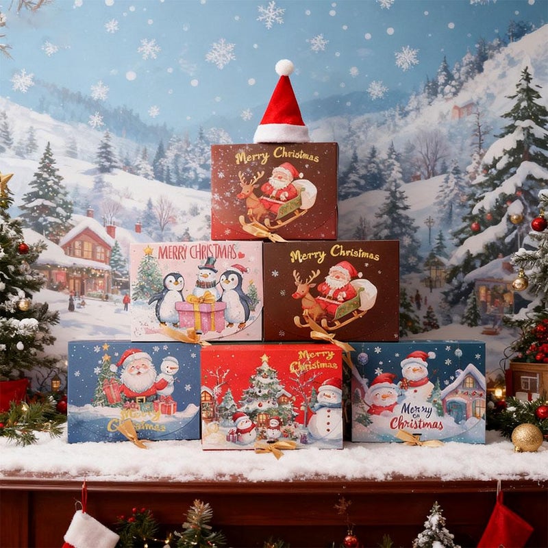 12Pack Christmas Boxes for Gifts with Lids,Christmas Kraft Paper Gift Box Snowman Santa Claus Penguin Elk Box with Gold Ribbon,Xmas Themed Pattern Small Gift Boxes for Xmas Party Present Packaging - Image 1